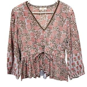 Indigo Desert Pink Embroidered Peplum Blouse Cinched Waist Tie Front Size Small